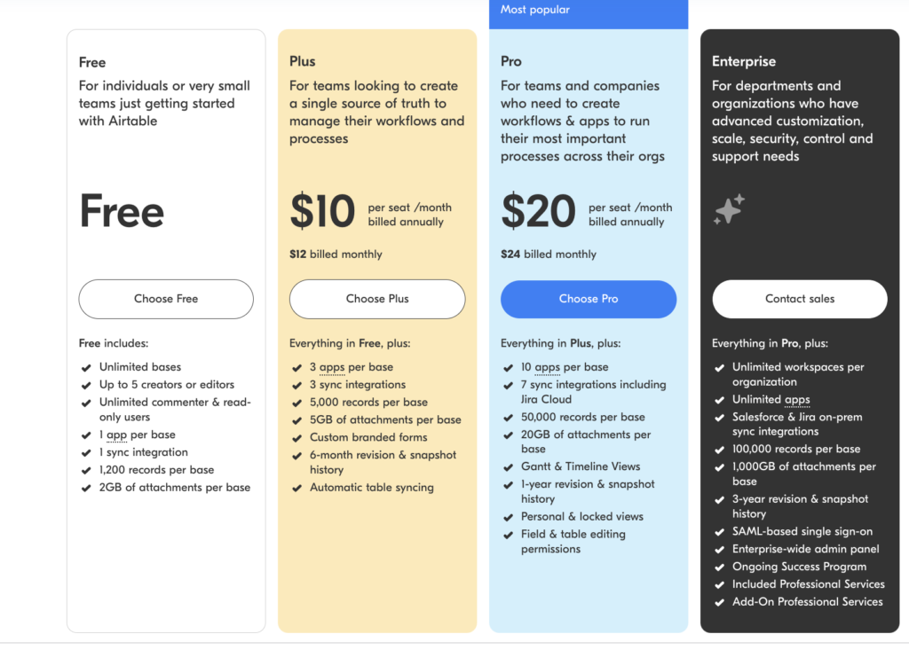 airtable pro plan pricing